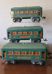 LIONEL TRAIN SET 1936 PREWAR 607 Pullman Cars & 608: Lionel Pre War Green Orange 607 Pullman Cars & 608 Observation Car 1936