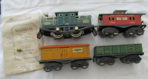 AMERICAN FLYER TRAIN SET 1928 PREWAR 4PC SET: AMERICAN FLYER prewar 1928 4PC TRAIN SET 3110, 1114, 1115, 1116 O SCALE TIN LITHO