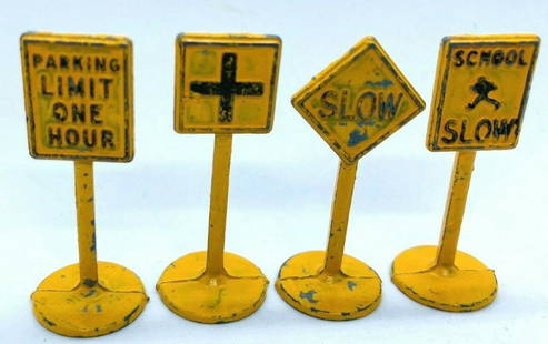 Tootsie Toys Die cast Street Road Traffic signs: Tootsie Toys 4 Signs, Die cast Street Road Traffic Mini Signs, 1.5" Tall