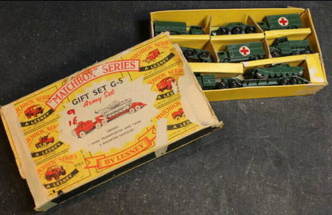 1960-1961 MATCHBOX LESNEY Series Army G-5 Gift Set in: highly collectible! 1960-1961 LESNEY Matchbox Series Army G-5 Gift Set in Box cars included