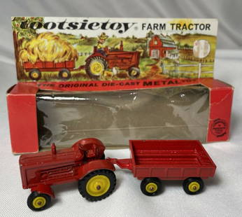 1960's Tootsietoy #1451 Red Farm Tractor trailer and: 1960's Tootsietoy #1451 Red Farm Tractor trailer and Original Box