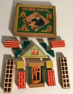 1920-30 Miniature Wood House Building Block Set: 1920-30 Miniature Wood House Building Block Set Architectural Puzzle 14 pieces in original cardboard box.Great graphics and vibrant colors! Box size is approximately 4 4/8" x 4".