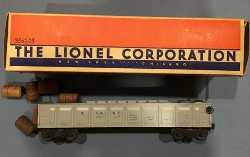 LIONEL TRAIN 3562-25 Gray Barrel Car w/ barrel and box: 3562-25 Gray Operating Barrel Car...Blue Graphics w/ Barrels & Box