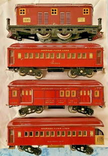 AMERICAN FLYER TRAIN SET 4019 Red Passenger Set: American Flyer TRAIN SET4019 PRE War Red Passenger Set +Pleasant View Observ.+America+U.S.Mail STANDARD GAUGE LOCOMOTIVE AND THREE [3] RED PASSENGER CARS RUNS NICELY , LIGHTS ARE FUNCTIONAL.CARS INCLU