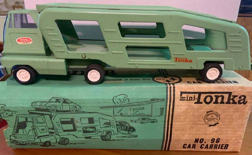 Tonka 96 car carrier vehicle with Box: Mini-Tonka No. 96 car carrier Vehicle with orig Box approx 1960 approx 9 inches