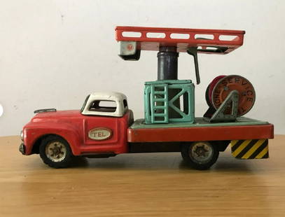 Friction Vehicle Telephone Service Car GMC JAPAN 1955: Telephone Service Car Tin Plate Friction Toy, Asahi, Japan 1955SUPER RARE Early Asahi Toys (Made in Japan) Tin Litho Friction Motor Driven GMC Cab