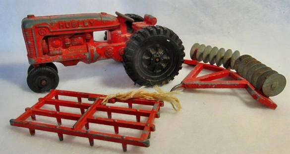 Hubley Vehicle Kiddie Toy Tractor Metal with: Hubley Vehicle Kiddie Toy Tractor Metal with Accessories 5" Red Die Cast 1950