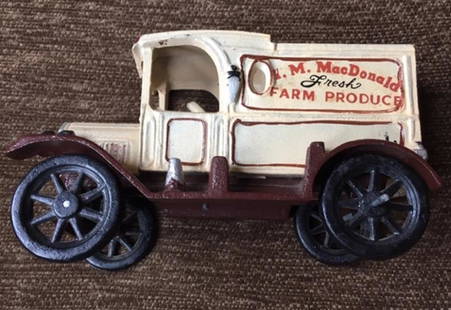 Cast Iron truck Toy MacDonald Fresh Farm produce: Cast Iron truck Toy MacDonald Fresh Farm produce has a little chip thats included with the item (can be glued on)