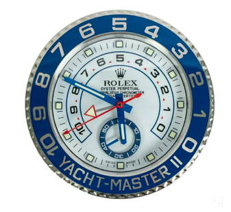 Yacht Master II Dealers Wall Clock after Rolex Dealer's: Yacht Master II Dealers Wall Clock after Rolex Dealer's style wall clock inspired by the "YACHT MASTER II" wristwatch watch series. Quality replica having sweeping quartz movement powered by single