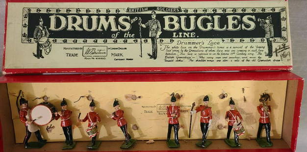 British soldiers Drums and bugles soldiers with box: registered 459993 made in England