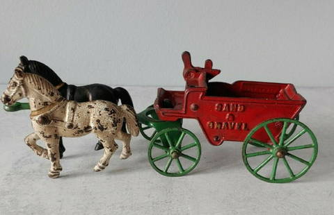 Kenton Vehicle Cast Iron Horse Drawn Sand Gravel Work: Old Cast Iron Kenton Toy Horse Drawn Sand & Gravel Working Dump Wagon