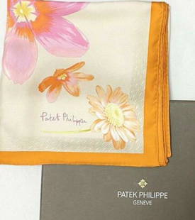 Patek Philippe 100% silk scarf: Patek Philippe 100% silk scarf. Pretty orange border with flowers on print design. A great enhancer to a elegant wardrobe Made in Italy Approx size 35" x 35"