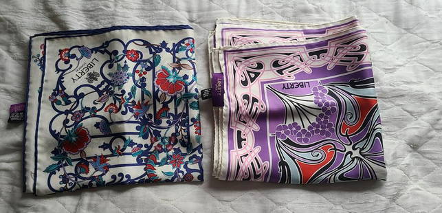 Liberty 100% silk scarf 2 pcs: Liberty 100% silk scarf. 1. Designs of purple and lavendar shades. 2. Liberty 100% silk scarf with floral designs A great enhancer to a elegant wardrobe Made in Italy Approx size 35" x 35"