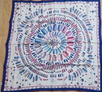 Longchamp 100% silk scarf: Longchamp 100% silk scarf colors of blues, raspberry with yarn, buttons, and measures designs. A great enhancer to a elegant wardrobe Made in Italy Approx size 35" x 35"