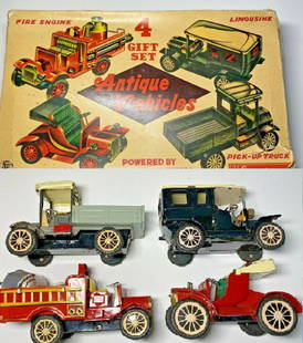 Friction Vehicle Tin litho Gift BOX JAPAN Cragstan: Cragstan Friction Drive Antique Vehicles 4 Car Gift BoxCragstan 4 gift set of antique vehicles. #40129Powered by friction drive motors.Touring car, limousine, pick-up truck, fire engineMade around