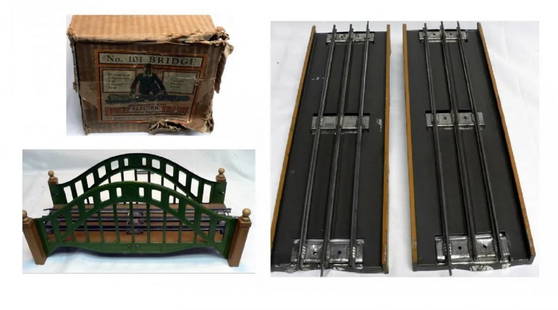 LIONEL TRAIN SET Bridge + Ramps approach tracks + box: Lionel Prewar #101 Bridge set When assembled length is 42" and 6" wide