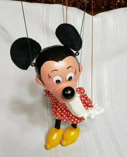 PELHAM PUPPET MINNIE MOUSE MARIONETTE + BOX: 1960's marionette Minnie Mouse from the Disney Collection made by the Pelham Puppet Company in England. Minnie is about 10-11 inches tall and has felt ears. Her strings are untangled and she comes in