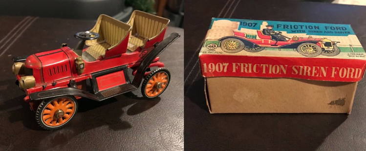 Line Mar Friction Vehicle TIN LITHO Toy +Box JAPAN 1950: This great friction 1907 Ford runs smoothly and effortlessly.Approx 4.5"The box is very good as well.