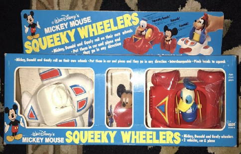 Walt Disneys Mickey Mouse Squeeky Wheelers  +BOX: Walt Disneys Squeeky Wheelers Mickey Mouse Donald Goofy Complete In Box 1970