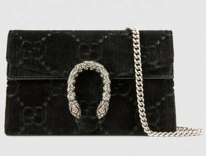 Gucci Black Velvet Bag  Dionysus Super Mini  - Coyze: GORGEOUS Gucci Black Dionysus Super Mini Velvet Bag - Coyze Calfskin leather Tiger head with crystals Palladium-toned hardware Attached key ring that can attach to a separate bag Chain shoulder strap