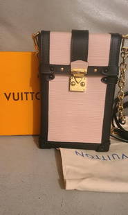 LOUIS VUITTON Epi Leather Trunks Phone Holder chain+BOX: LOUIS VUITTON Epi Leather Trunks Phone Holder Mini Chain Wallet Bag Rose Ballerine Approx Size: 4.5" x 7.25" x 1.5"Calf leather trim brass hardware push lock closure on front dust bag