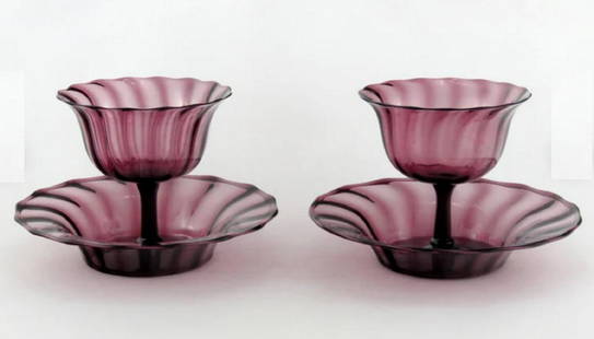 Carder Steuben Amethyst ribbed Sherbets & plates 1920: Carder Steuben 2680 Amethyst Optic Rib Sherbets & Under plates 1920This is a pair of Carder era Steuben 2680 Amethyst Optic Rib sherbets and under plates. The sherbets stand 3-7/8" tall and measure 3-