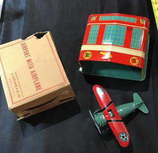 Louis Marx & Co Inc Tin Airport + Airplane + Box: Louis Marx & Co Inc Include the Tin Airport , the airplane, and orig box