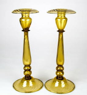 Steuben Carder Candlestick pair # 6110 1920: Steuben Candlestick pair Steuben Carder 6110 Amber Optic Ribs Candlesticks Set of 2 Antique Glass Pair # 6110 12 1/4" tall and 5" in diameter at the widest point.