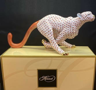 HEREND CHEETAH EXTRA LARGE 14.5" Figurine signed + BOX: HEREND Extra Large CHEETAH Hand Painted Porcelain Figurine. Rust Fishnet Pattern. signed 15656This Cheetah measures 14.5 inches long by 6 inches tall by 6.5 inches wide.This Cheetah is Brand New