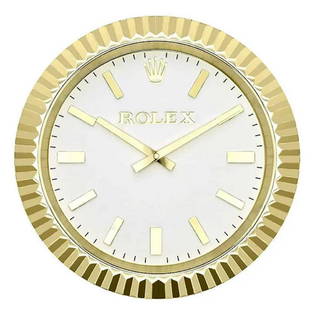 Rolex Style Datejust Gold Series Wall Clock: Rolex Style Datejust Gold Series Wall Clock inspired by the "Datejust Gold Series" wristwatch watch series. Quality replica having sweeping quartz movement powered by single AA battery. Bears tag on v