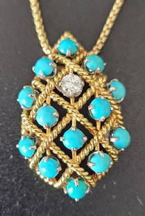 18k turquoise pendant with diamond: This is a gorgeous pair of large pendant, crafted from solid 18k yellow gold featuring a pear shape form with open wire cable woven design. In each open box shape is a prong set cabochon turquoise,