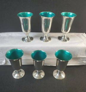 Towle Sterling Silver & Green BLUE Enamel Cordial Cups: French Towle Sterling Silver & Green BLUE Enamel Cordial Cups 6 measures approx 3" height