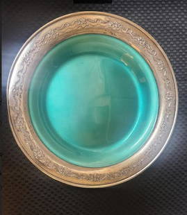 Sterling Silver Dish / Bowl Towle Blue & Green enamel: a Beautiul French Towle Sterling Silver & Green BLUE Enamel sandwhich plate. 1948 Measures approximately 9 5/8" x 3/4"