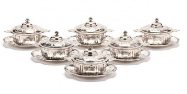 Emile Delaire - set of 6 sterling french ecuelles with: active in paris Emile Delaire- set of 6 french ecuelles with covers and underplates maker mark EMILE DELAIRE monogram MLM Paris year range 1882-1920 weight 90.45 troy oz