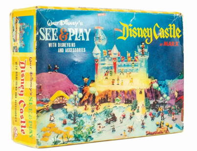 Walt Disney DISNEYKINS See & Play Disney Castle 100 Pc.: (Marx, 1968) A very rare See & Play Disney Castle playset by Marx. This playset comes in its original box and includes: disnkeykins, clear plastic pieces for assembling the castle, accessory and