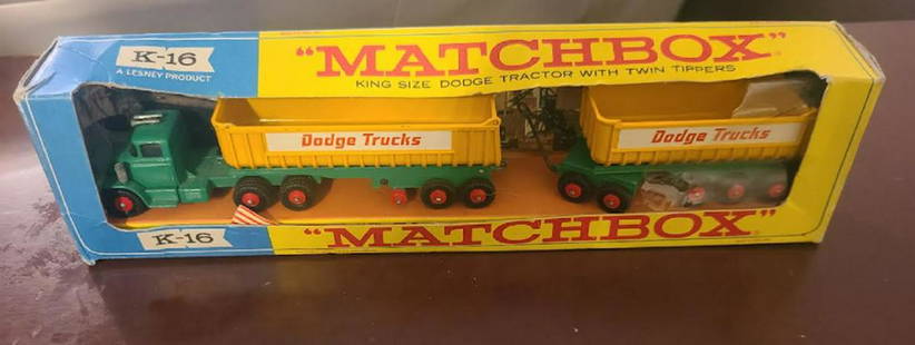 MATCHBOX LESNEY K-16 VEHICLE + BOX: MATCHBOX LESNEY K-16 VEHICLE + BOX DODGE TRACTOR WITH TWIN TIPPERS