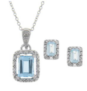 genuine topaz and diamond accent gem set: STERLING SILVER 3.50 CT GENUINE BLUE TOPAZ AND DIAMOND ACCENT EMERALD CUT PENDANT AND EARRINGS SET