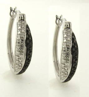 pair of steling silver white and black diamond accent: pair of sterling silver white and black diamond accent hoops