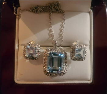 genuine topaz and diamond accent gem set: STERLING SILVER 3.50 CT GENUINE BLUE TOPAZ AND DIAMOND ACCENT EMERALD CUT PENDANT AND EARRINGS SET