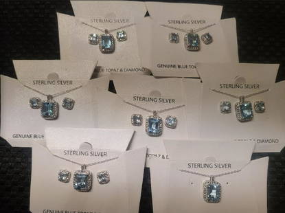 genuine topaz and diamond accent gem set lot of 7: lot of 7. STERLING SILVER 3.50 CT GENUINE BLUE TOPAZ AND DIAMOND ACCENT EMERALD CUT PENDANT AND EARRINGS SET