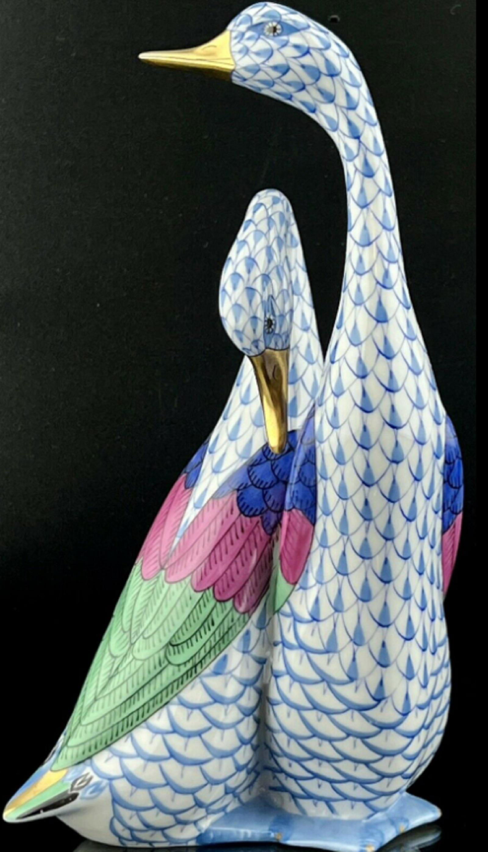 HEREND 7 INCH tall GOOSE Pair Blue Fishnet Bird Figurine (1 of 5)