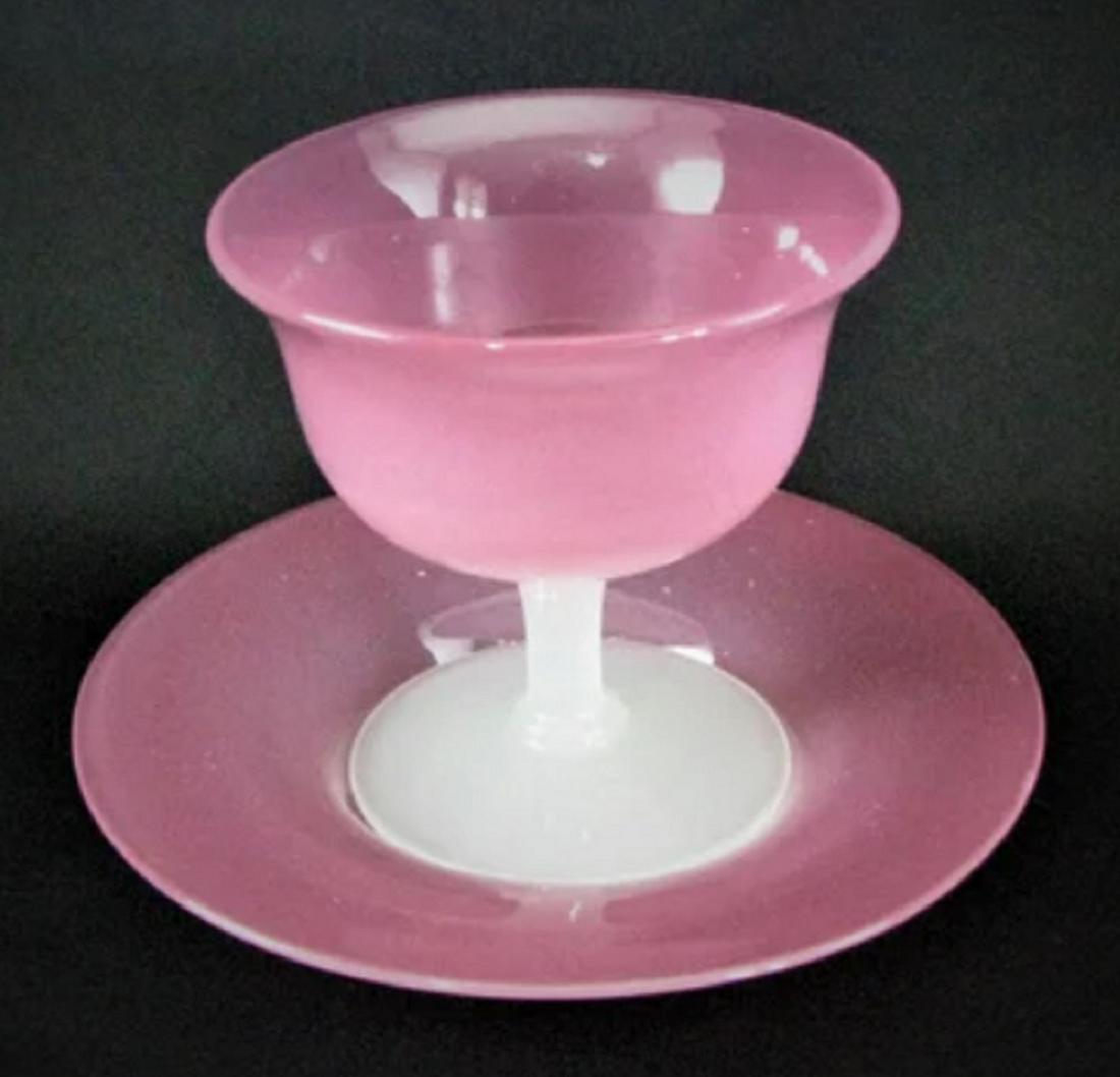 STEUBEN BOWL  Rosaline Sherbet compote and  Underplate with Alabaster Stem 1920 (1 of 4)