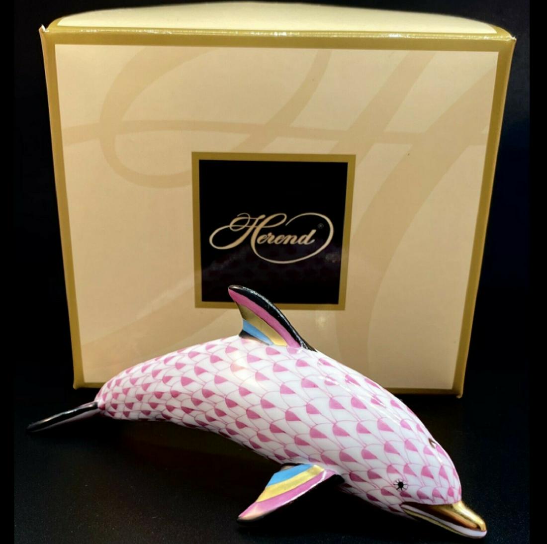 HEREND 5.75 INCH Larger DOLPHIN Raspberry Fishnet Figurine +BOX (1 of 4)