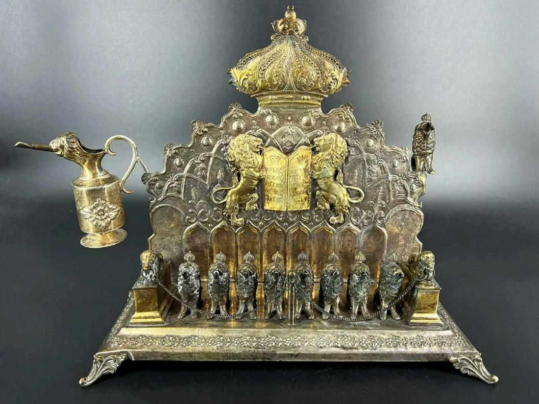 ANTIQUE GERMAN SILVER OIL MENORAH, HANUKKAH LAMP, 19 C. (1 of 13)