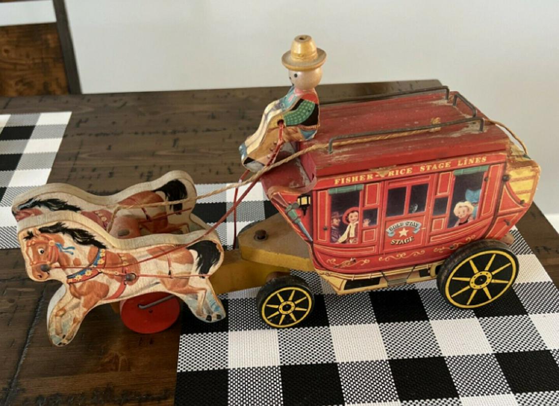 FISHER PRICE STAGE COACH GOLD STAR LINE PULL TOY#175 1954: FISHER PRICE STAGE COACH GOLD STAR LINE PULL TOY#175 1954