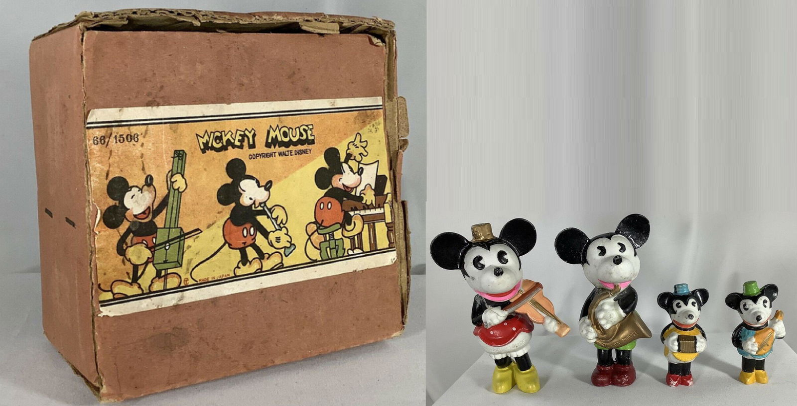 Mickey Mouse Porcelain Bisque Figures Set of 4 / Original Box RARE 1930: 1930s Disney Mickey & Minnie Mouse porcelain bisque band figures set of 4 with RARE original box. The larger Mickey Mouse has been repaired- head glued back on. All figures show signs of wear and age.