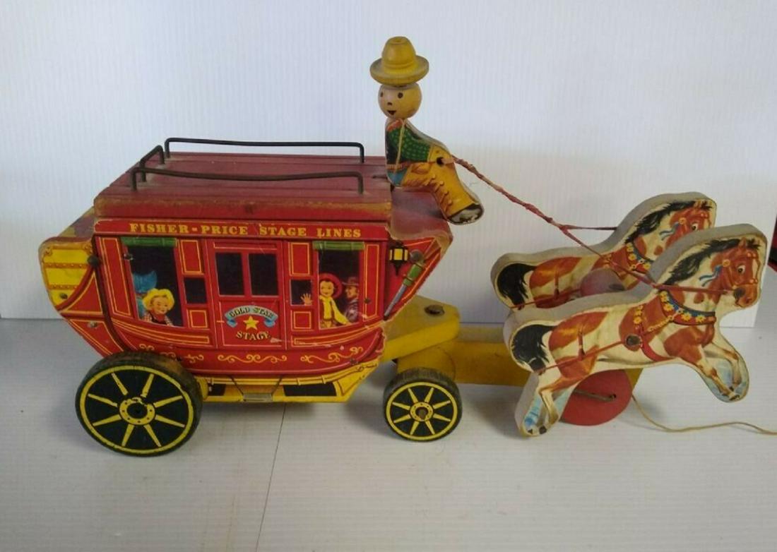 FISHER PRICE STAGE COACH GOLD STAR LINE PULL TOY#175 1954: FISHER PRICE # 175 STAGE COACH GOLD STAR LINE PULL TOY 1954
