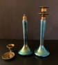 steuben aurene blue signed candlesticks