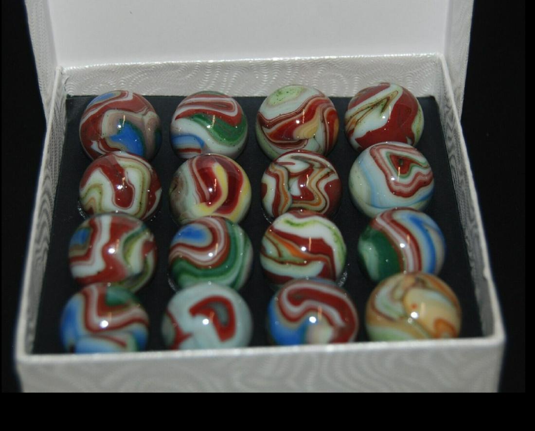 DAS Box of Carnival Swirl Marbles Some With Green Aventurine #11: DAS Box of Carnival Swirl Marbles Some With Green Aventurine #11. Approx. Size 23/32