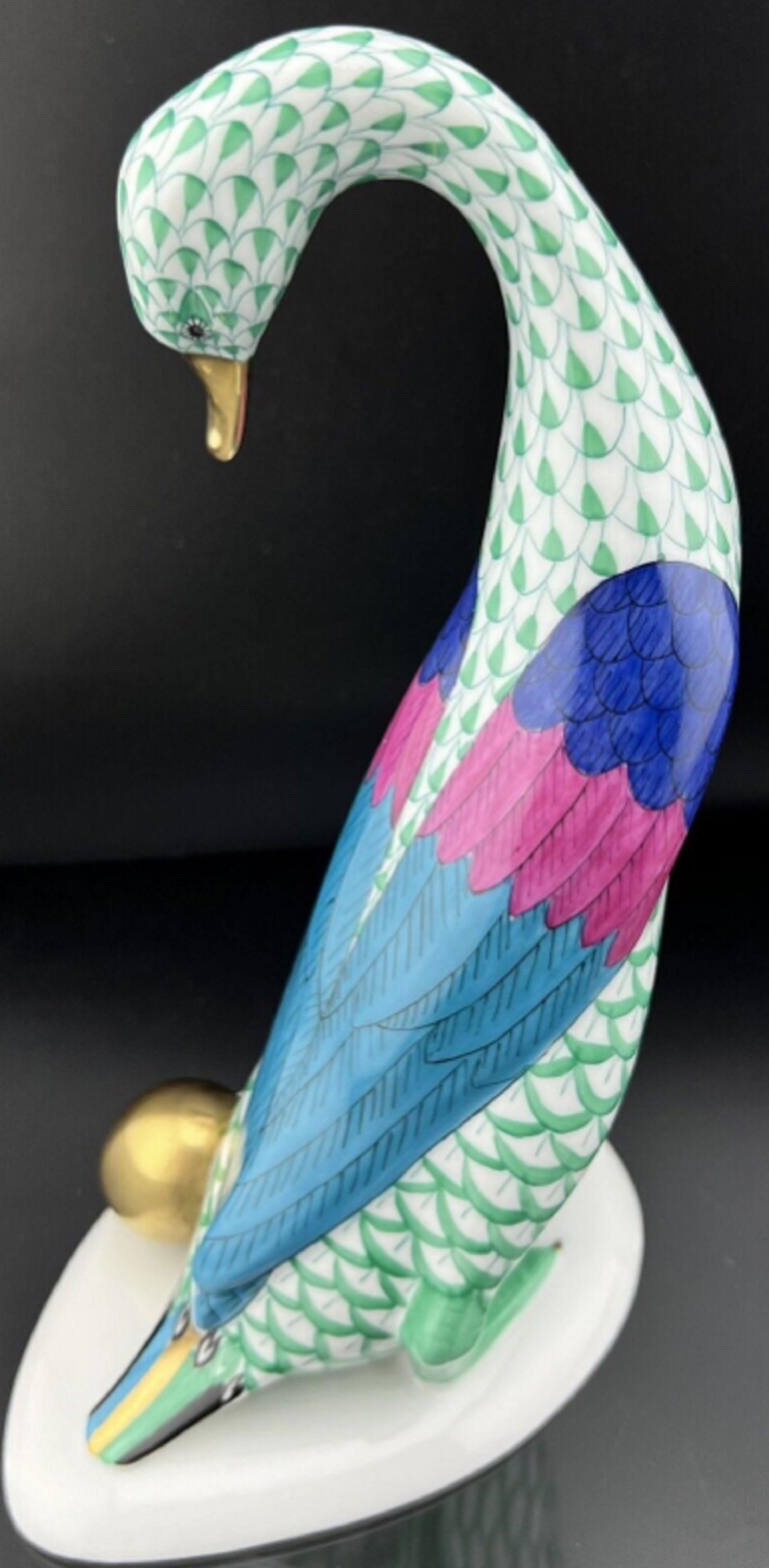 HEREND Larger GOOSE Bird W/ Golden Egg Blue Fishnet Figurine (1 of 5)